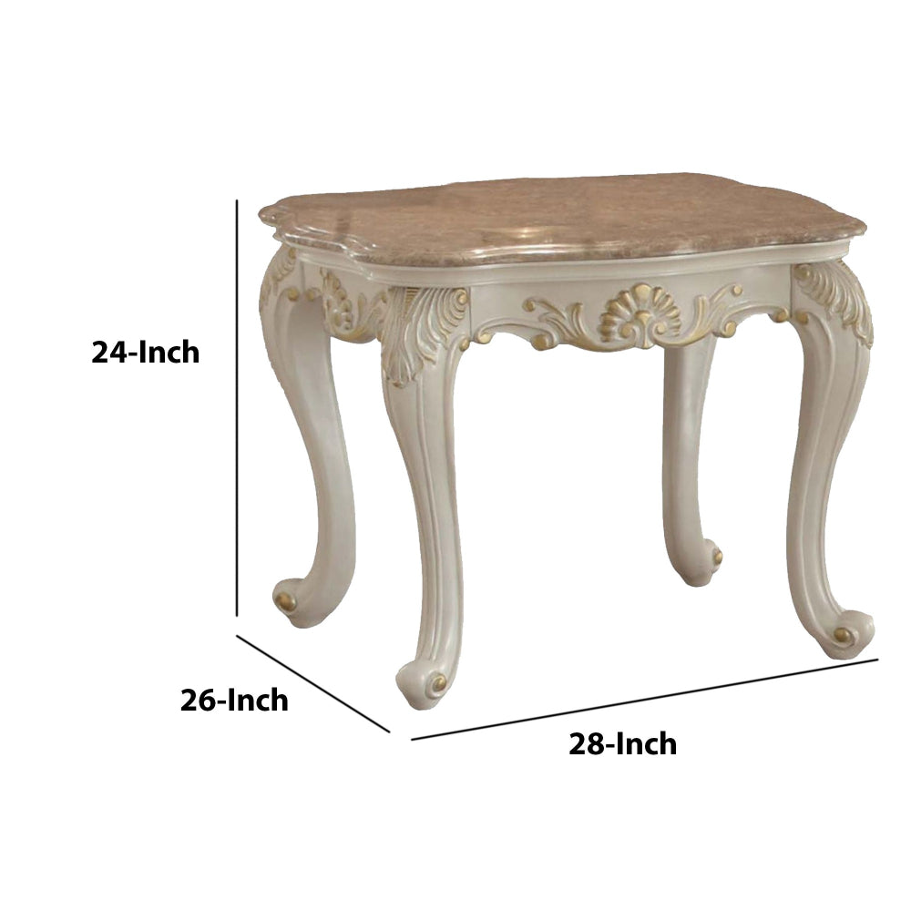 Wooden End Table With Marble Top, Pearl White  - BM177690