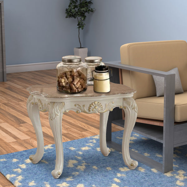 Wooden End Table With Marble Top, Pearl White  - BM177690