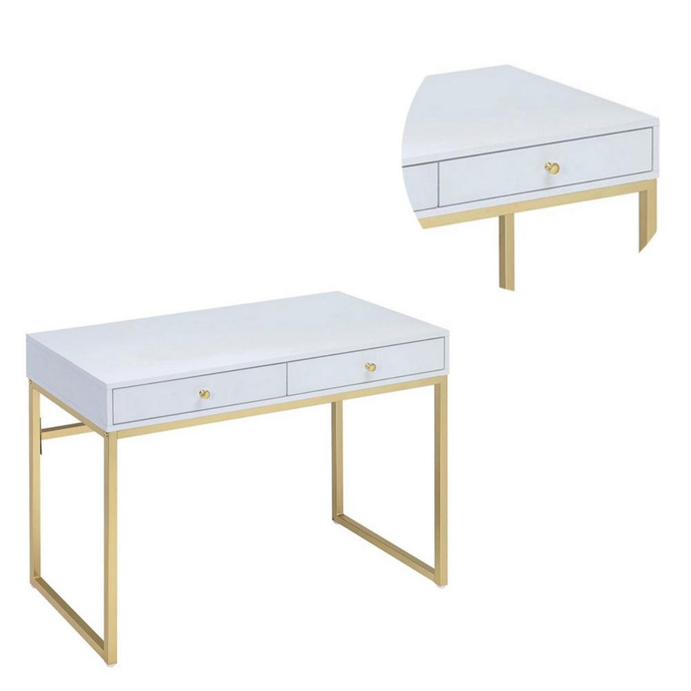 2 Drawer Wooden Desk with Sled Base, White and Gold - BM185350