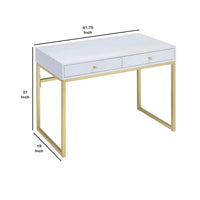2 Drawer Wooden Desk with Sled Base, White and Gold - BM185350