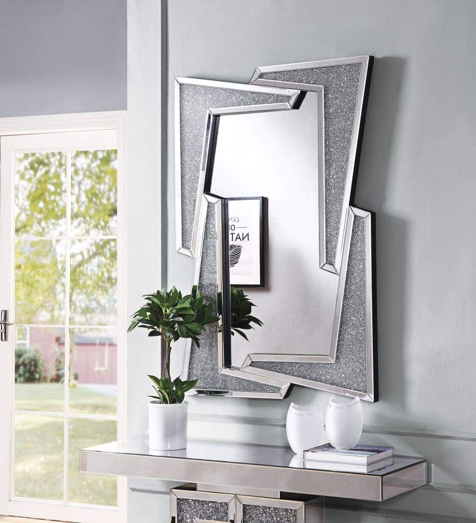 Mirrored Wooden Frame Accent Wall Decor with Four L Shaped Borders, Silver - BM195979