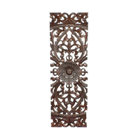 Three Piece Wooden Wall Panel Set with Traditional Scrollwork and Floral Details, Brown - BM00067