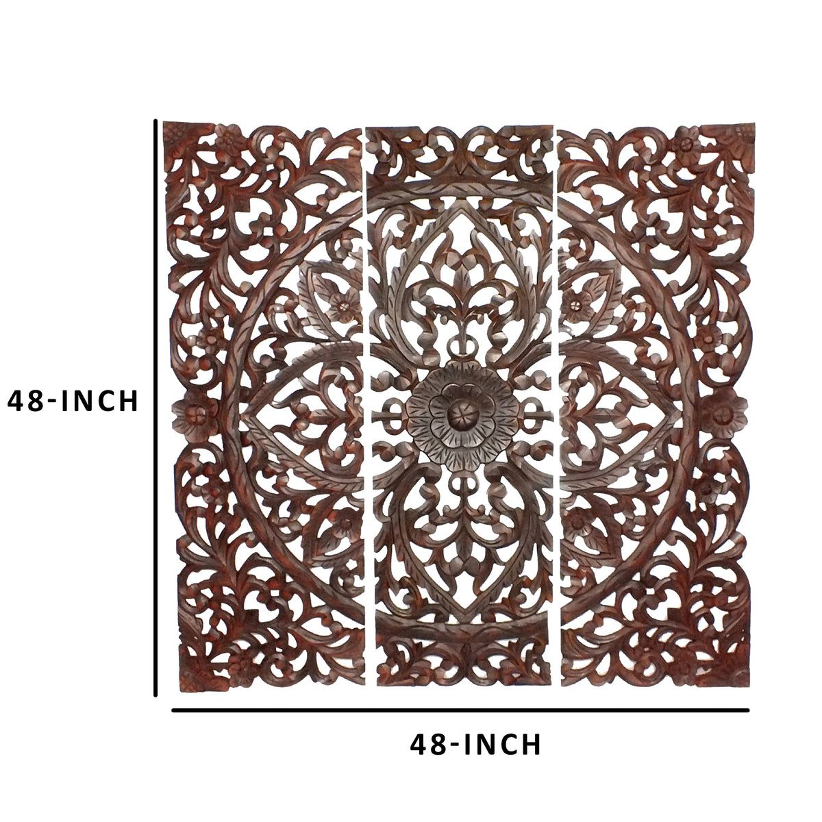 Three Piece Wooden Wall Panel Set with Traditional Scrollwork and Floral Details, Brown - BM00067