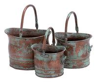 BM01164 Green Tinged Metal Bucket Planter With Handles, Set of 3
