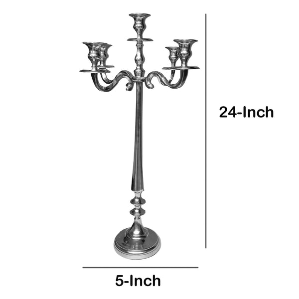 24 Inches Handcrafted 5 Arms Aluminum Candelabra in Traditional Style, Polished Silver - BM01832