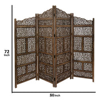 Benzara Hand Carved Foldable 4-Panel Wooden Partition Screen/RoomDivider,Brown - BM01875