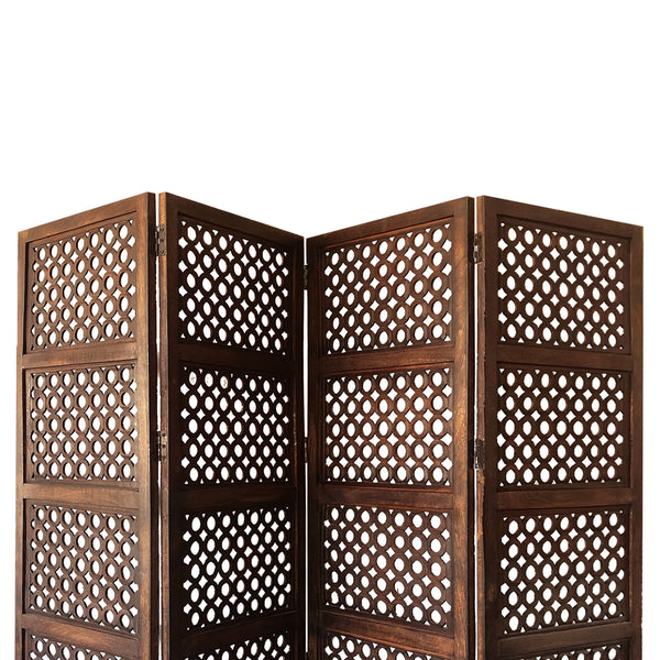 Decorative Four Panel Mango Wood Hinged Room Divider with Circular Cutout Design, Brown - BM01876