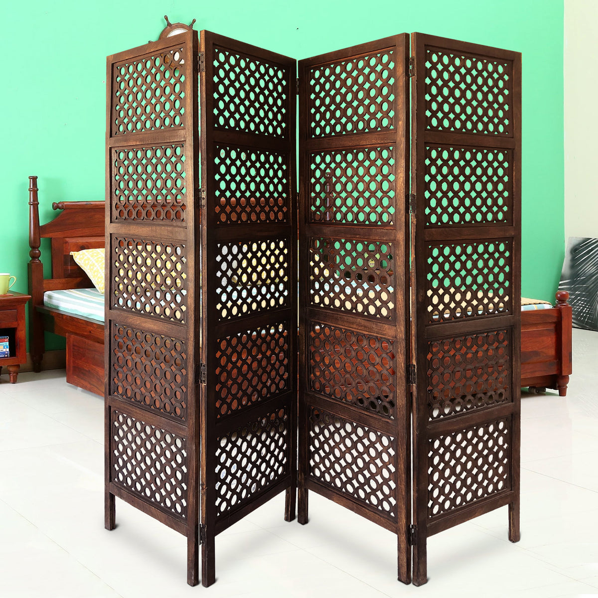 Decorative Four Panel Mango Wood Hinged Room Divider with Circular Cutout Design, Brown - BM01876