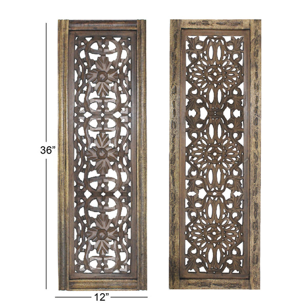 Benzara Floral Hand Carved Wooden Wall Panels, Assortment of Two, Brown - BM01881