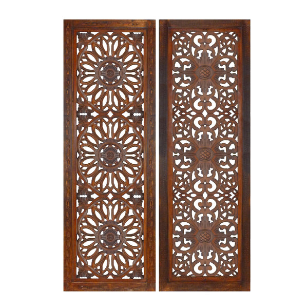 2 Piece Mango Wood Wall Panel Set with Mendallion Carving, Burnt Brown - BM01883