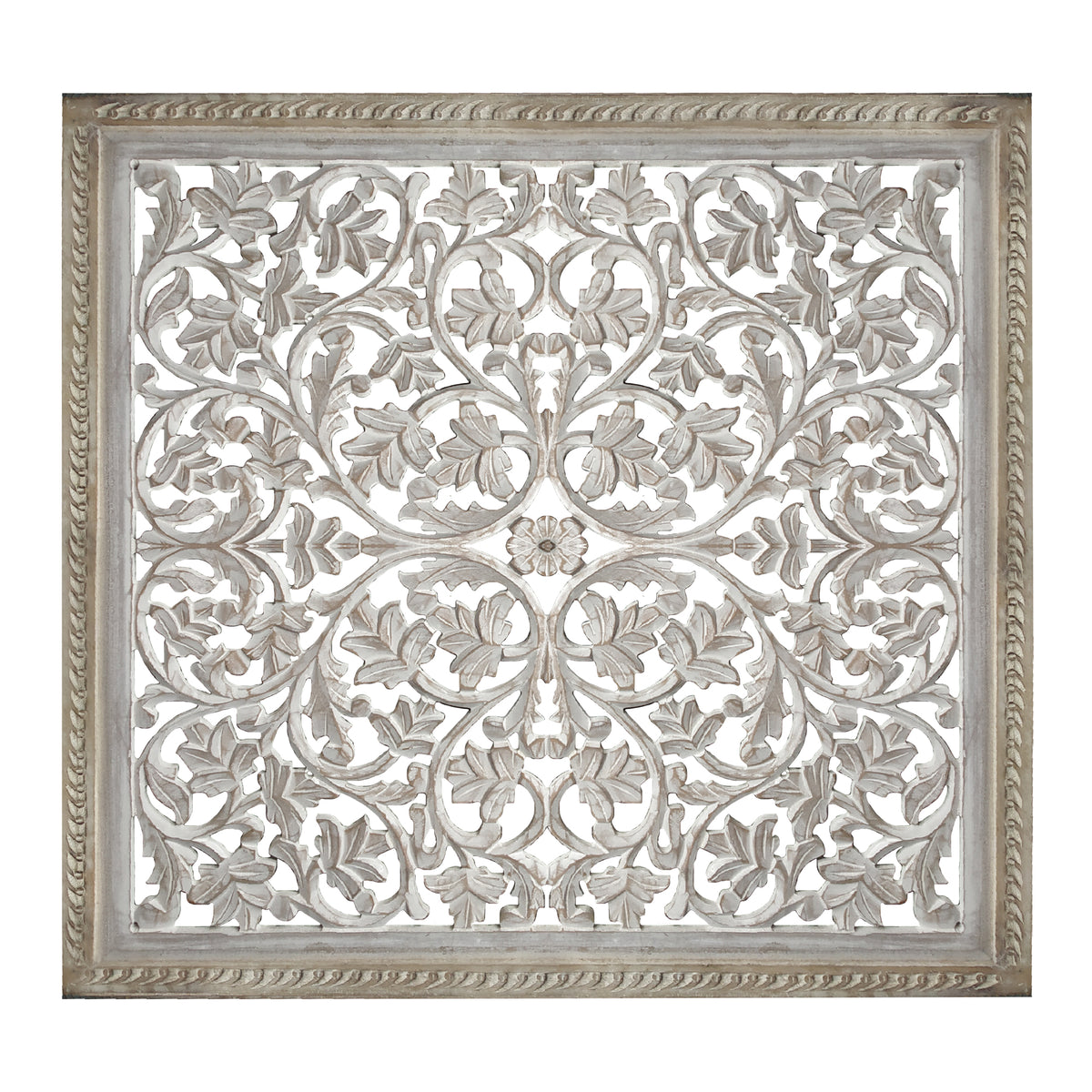 Square Shape Wooden Wall Panel with Cutout Sprig Pattern, Distressed White - BM01911