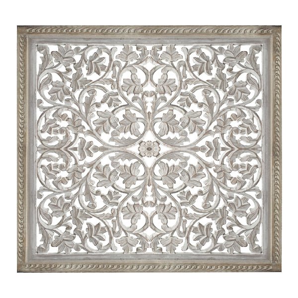 Square Shape Wooden Wall Panel with Cutout Sprig Pattern, Distressed White - BM01911