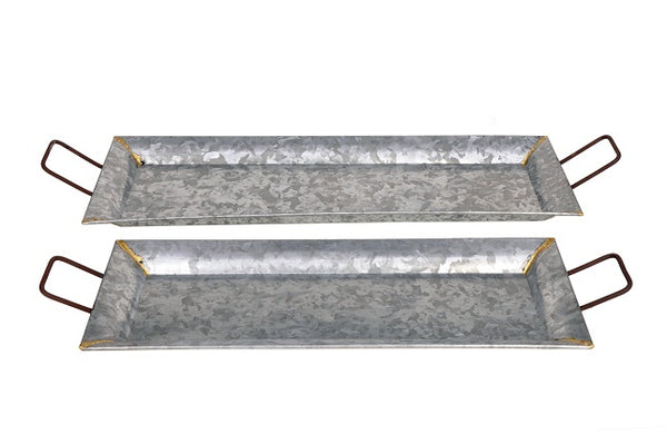 BM02370 Rectangular Shaped Metal Galvanized Trays, Set Of 2, Silver