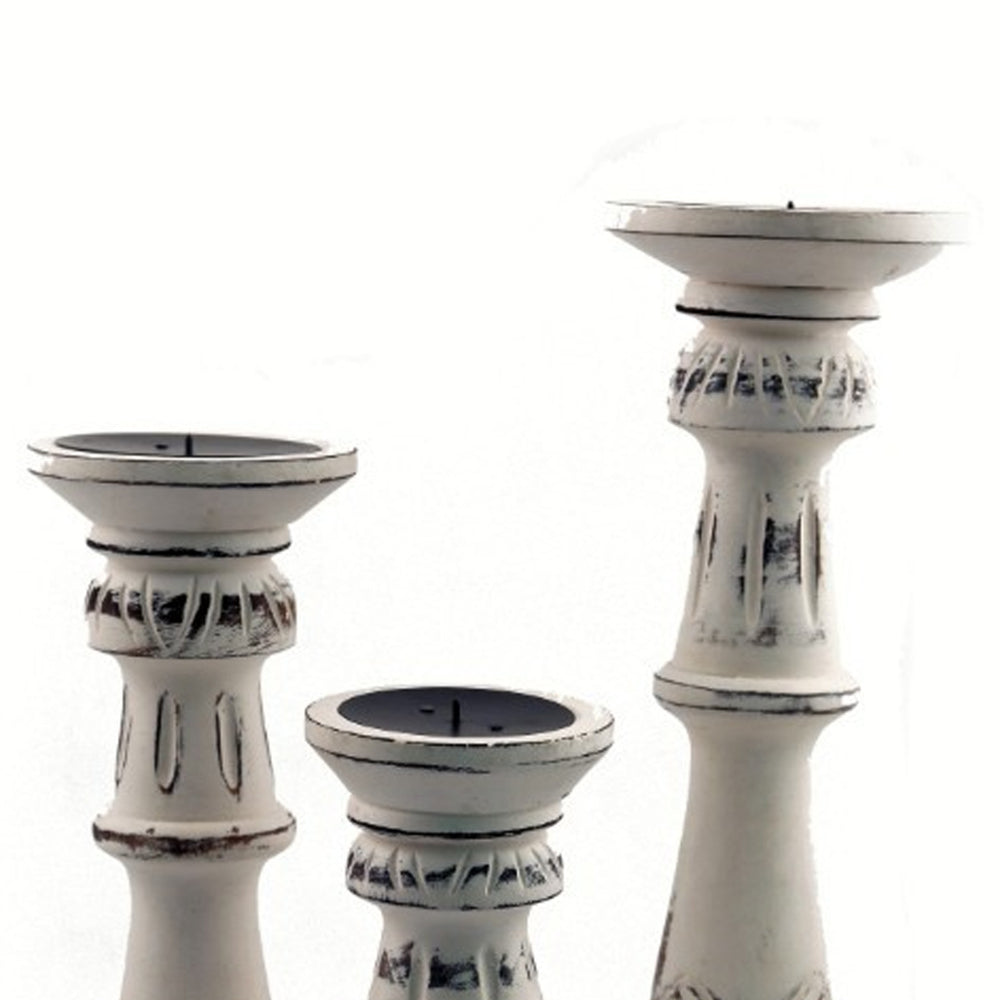 Taki Distressed Mango Wood Pillar Shaped Candle holder, Set of 3, White - BM03596
