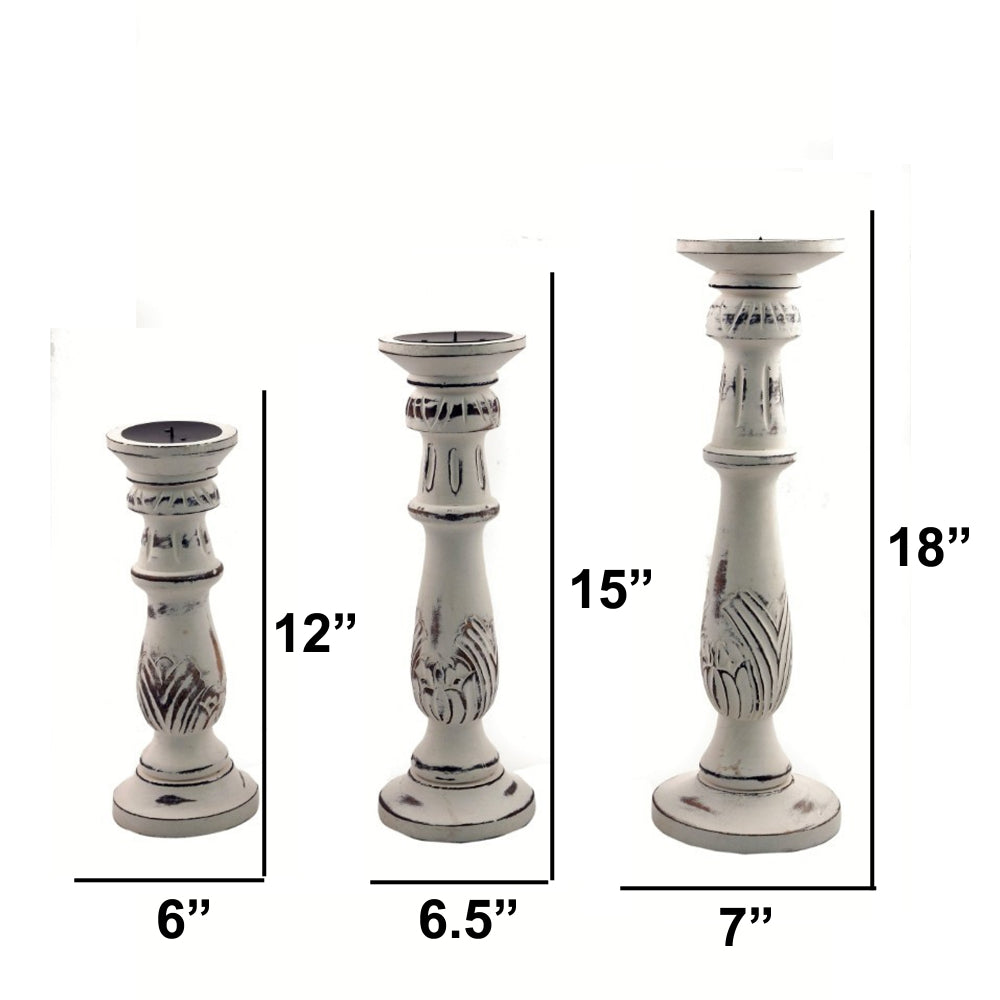 Taki Distressed Mango Wood Pillar Shaped Candle holder, Set of 3, White - BM03596