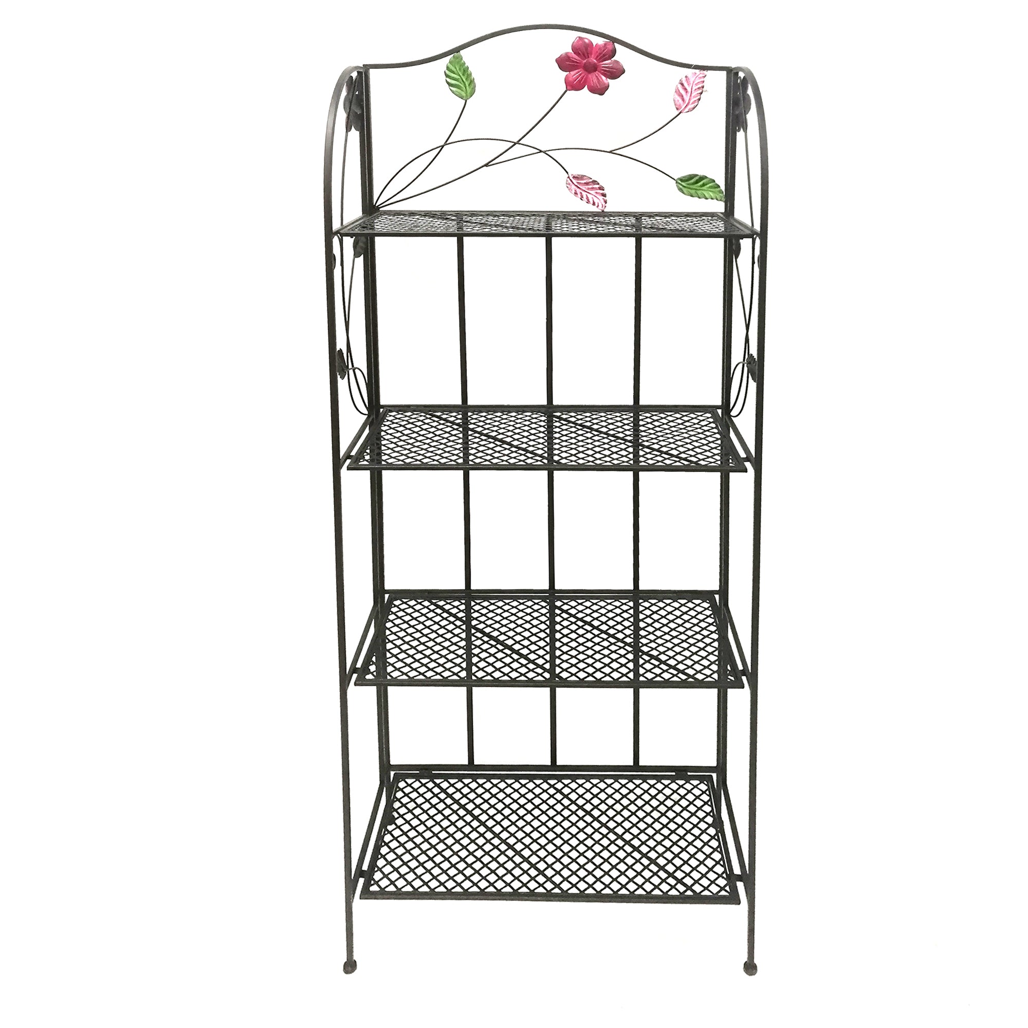 65 Inch Metal Foldable Bakers Rack Four Tier with Flower Motifs Black BM05340