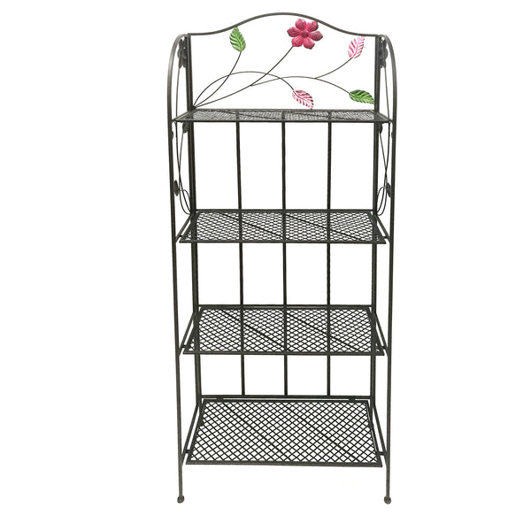 65 Inch Metal Foldable Bakers Rack, Four Tier with Flower Motifs, Black - BM05340