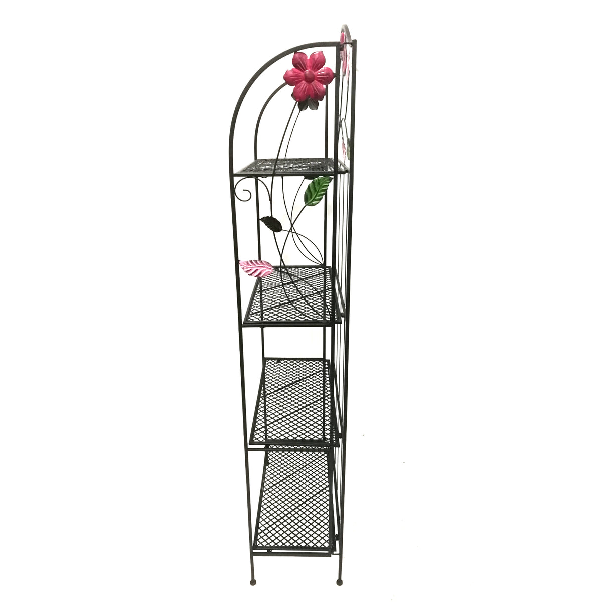 65 Inch Metal Foldable Bakers Rack, Four Tier with Flower Motifs, Black - BM05340