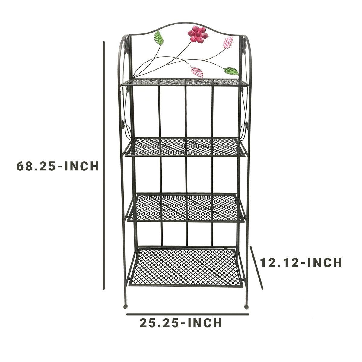 65 Inch Metal Foldable Bakers Rack, Four Tier with Flower Motifs, Black - BM05340