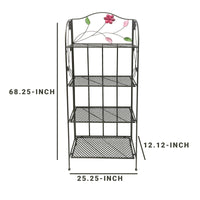 65 Inch Metal Foldable Bakers Rack, Four Tier with Flower Motifs, Black - BM05340