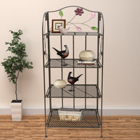 65 Inch Metal Foldable Bakers Rack, Four Tier with Flower Motifs, Black - BM05340