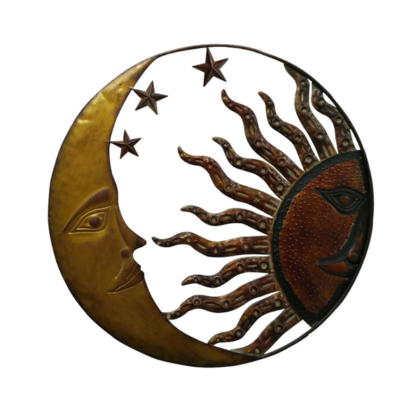 Benzara Celestial Metal Sun Moon Wall Decor, Bronze Gold and Rust Red - BM05395