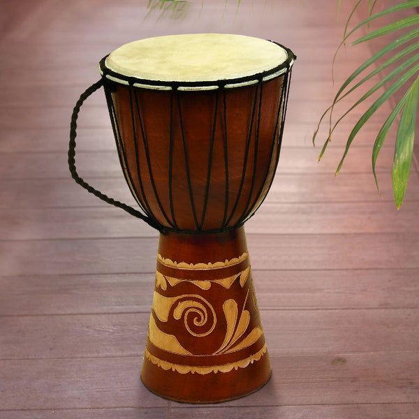 BM06826 Decorative Wood and Faux Leather Djembe Drum with Side Handle, Large, Brown and Cream
