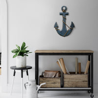 Benzara Nautical distressed Wooden Anchor With Rope Decor, Blue - BM06876