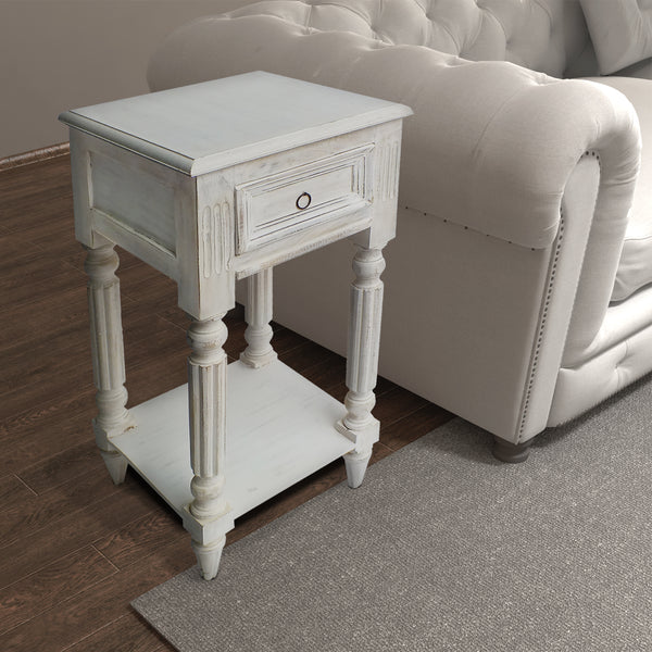 BM07600 - Spacious Mango Wood Side Table with Metal Ring Handle, Washed White