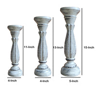 Taki Handmade Wooden Candle Holder with Pillar Base Support, Distressed White, Set of 3 - BM08012