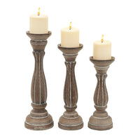 Handmade Wooden Candle Holder with Pillar Base Support, Distressed Brown, Set of 3 - BM08014