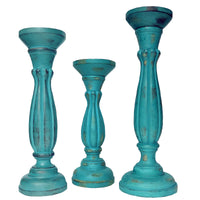 Handmade Wooden Candle Holder with Pillar Base Support, Turquoise Blue, Set of 3 - BM08016
