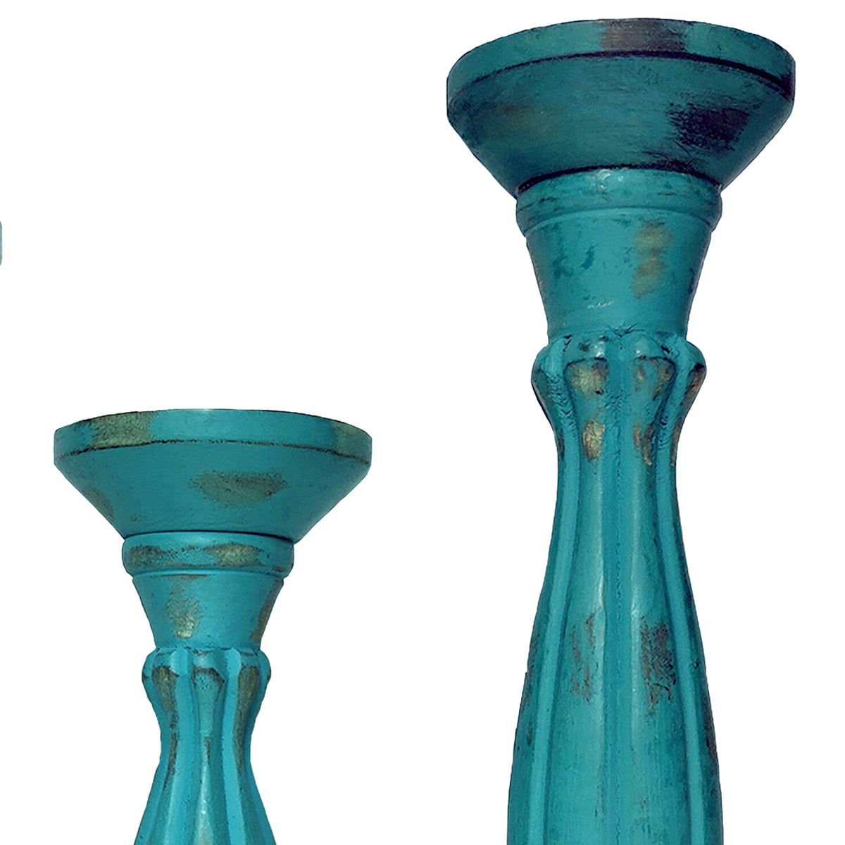 Handmade Wooden Candle Holder with Pillar Base Support, Turquoise Blue, Set of 3 - BM08016