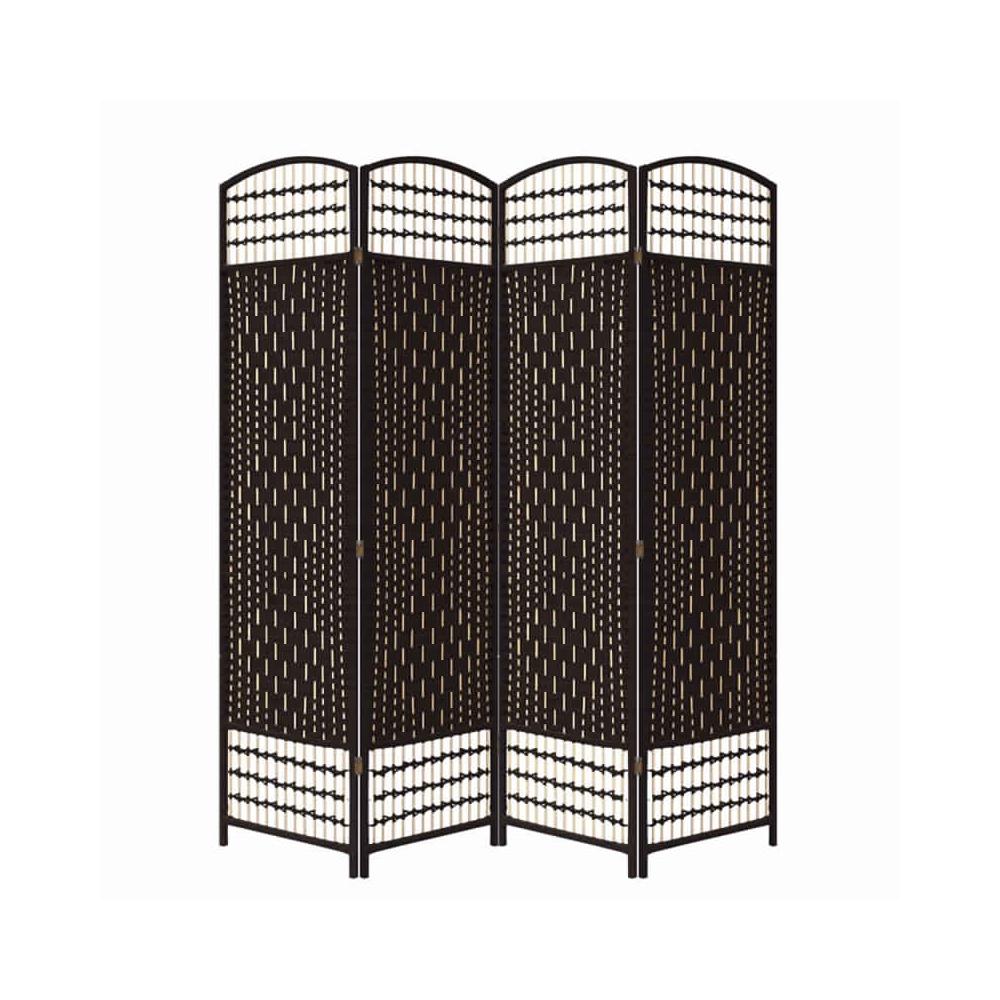 67 Inch 4 Panel Room Divider Screen, Wood, Paper Straw, Arched Top, Espresso Brown - BM101163