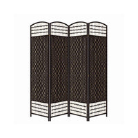67 Inch 4 Panel Room Divider Screen, Wood, Paper Straw, Arched Top, Espresso Brown - BM101163