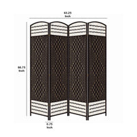 67 Inch 4 Panel Room Divider Screen, Wood, Paper Straw, Arched Top, Espresso Brown - BM101163