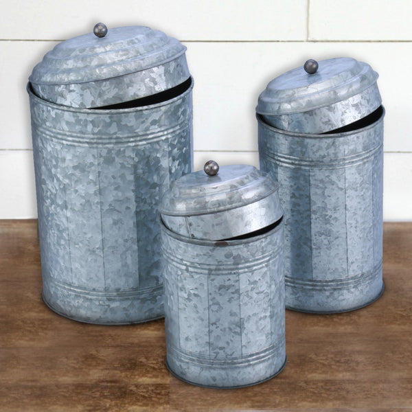 Galvanized Metal Lidded Canister With Oxidized Ball Knob, Set of Three, Gray - BM120150