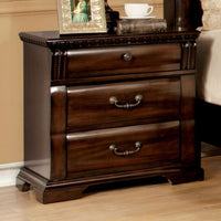 3 Drawer Wooden Nightstand with Metal Handles and Carved Details, Brown - BM123246