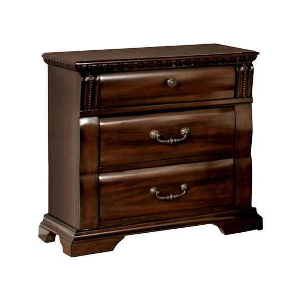 3 Drawer Wooden Nightstand with Metal Handles and Carved Details, Brown - BM123246
