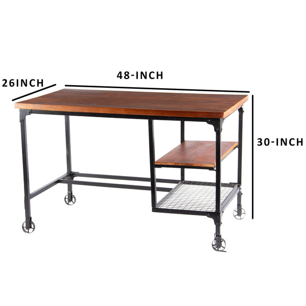 Industrial Style Wooden Desk With Two Bottom Shelves, Brown And Black - BM123677