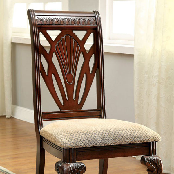 2 Piece Traditional Wooden Side Chair with Fabric Upholstered Seat, Brown and Beige - BM131194