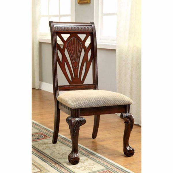 2 Piece Traditional Wooden Side Chair with Fabric Upholstered Seat, Brown and Beige - BM131194