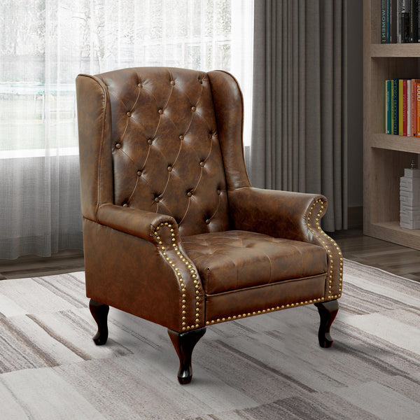 Vaugh Traditional Wing Accent Chair In Nail Head, Rustic Brown Finish - BM131410