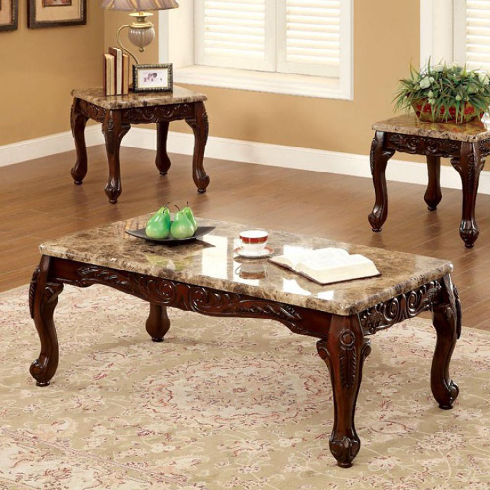 3 PIECE TABLE SET With Marble Table Top, Dark Oak Brown - BM131463