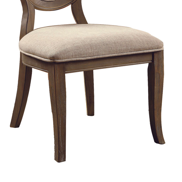 BM131975 Fabric Upholstered Wooden Side Chair with Round Design Backrest, Set of 2, Brown and Beige