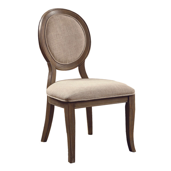 BM131975 Fabric Upholstered Wooden Side Chair with Round Design Backrest, Set of 2, Brown and Beige