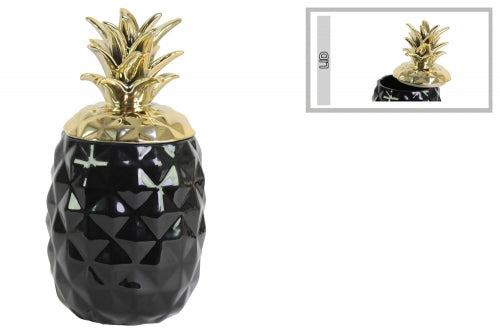 Tropical Pineapple Canister with Gold Lid- Black- Benzara