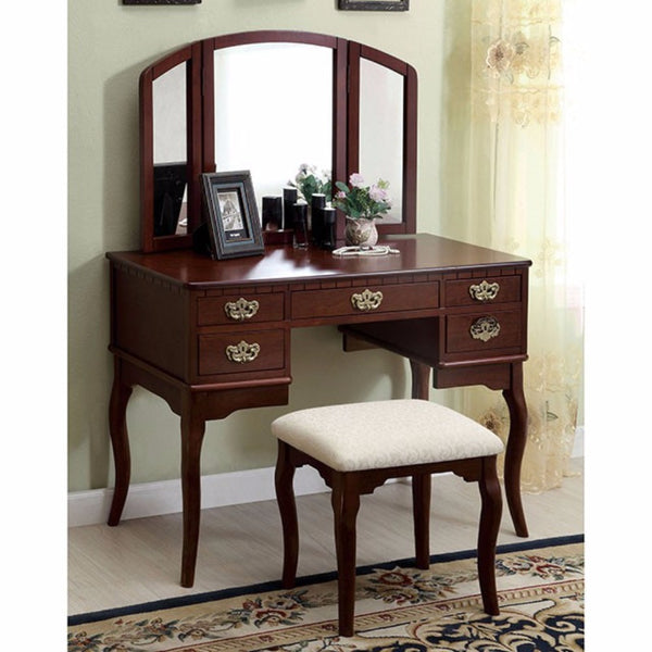 BM138071 Spacious Solid Wood Vanity Table with Three Sided Mirror and Fabric Padded Stool, Brown