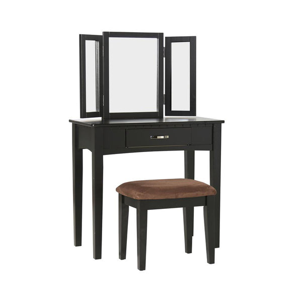BM138072 -Wooden Vanity Set with 3 Sided Mirror and Padded Stool, Black
