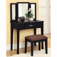 BM138072 -Wooden Vanity Set with 3 Sided Mirror and Padded Stool, Black